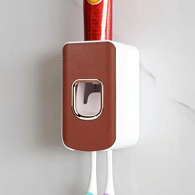 2 Slot Plastic Toothbrush Holder and Toothpaste Dispenser Wall Mounted, Automatic Toothpaste Squeezer, 2 in 1 Tooth Brush Toothpaste Organizer for Shower (Brown) - ModernBath
