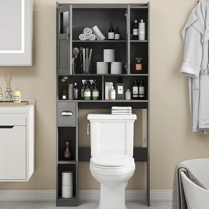 Vabches Over The Toilet Storage Cabinet, Bathroom Shelf Over Toilet with Glass Doors and Adjustable Shelves, Natural Grey Freestanding Home Space Save Toilet Rack, for Restroom, Bathroom, Laundry - ModernBath
