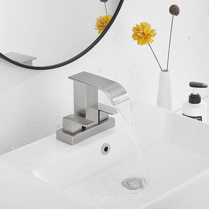 Bathroom Faucet Brushed Nickel Modern GGStudy 2 Handles 4 Inches Centerset RV Waterfall Bathroom Vanity Faucet with Drain Assembly - ModernBath