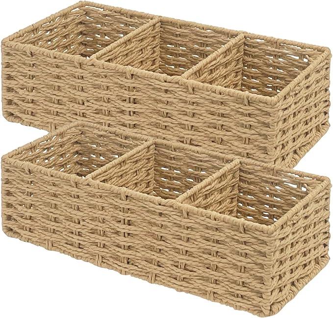 Seagrass Wicker Basket for Toilet Tank Top, 3-Compartment Handwoven Bathroom Organizer for Toilet Paper, Pads, and Accessories (2, Natural (Seagrass)) - ModernBath