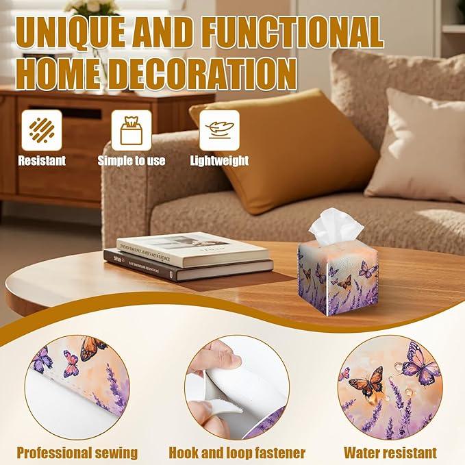 Purple Butterfly Lavender Tissue Box Cover 2PCS, Leather Tissue Box Holder Square Facial Paper Case Tissue Box Cube Organizer for Bathroom Bedroom Desk Office - ModernBath
