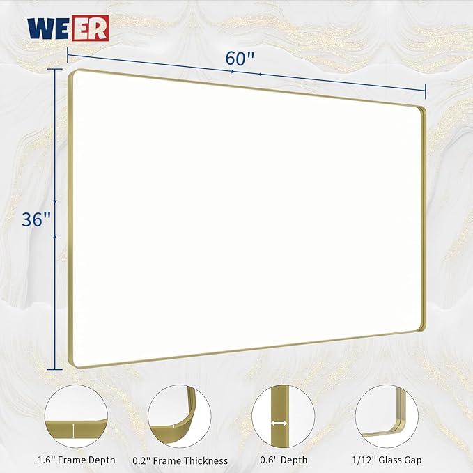 WEER Gold Bathroom Mirror, 60X36 Inch Brushed Gold Metal Frame Mirror, Rounded Rectangle Gold Bathroom Vanity Mirror for Wall, Tempered Glass, Anti-Rust, Hangs Horizontally or Vertically - ModernBath