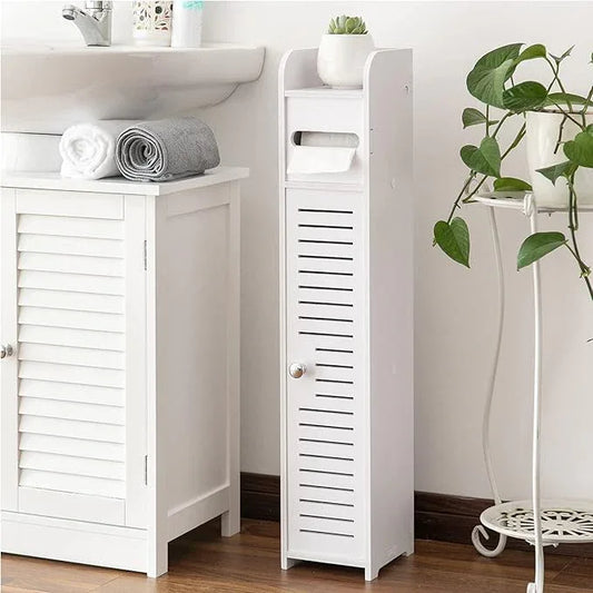 AOJEZOR Toilet Paper Holder Stand: Small Bathroom Storage Cabinet for Small Spaces,White - ModernBath