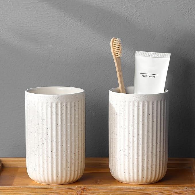 BSDISP Toothbrush Holders - 2 Cup Ceramic Toothbrush Toothpaste Holders Set, Beige Bathroom Tumbler Cups Reusable Toothbrush Mouthwash Cup, Bathroom Counter Organizer - ModernBath