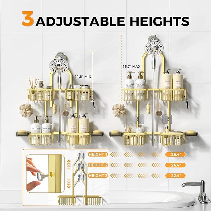 REINHARDT Aluminum Shower Caddy Hanging Adjustable Shower Caddy, Rustproof Hanging Shower Organizer with Hooks Soap Holders, Over Shower Head Caddy for Handheld Showerhead, Gold - ModernBath