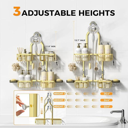 REINHARDT Aluminum Shower Caddy Hanging Adjustable Shower Caddy, Rustproof Hanging Shower Organizer with Hooks Soap Holders, Over Shower Head Caddy for Handheld Showerhead, Gold - ModernBath