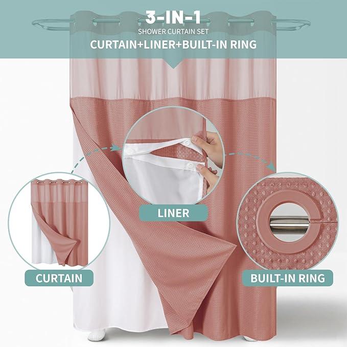 eachope Coral No Hook Waffle Weave Shower Curtain with snap-in Liner Replacement, 230GSM Waterproof Fabric Hotel Shower Curtain Set for Bathroom, Through Mesh Top Window,71Wx80H - ModernBath