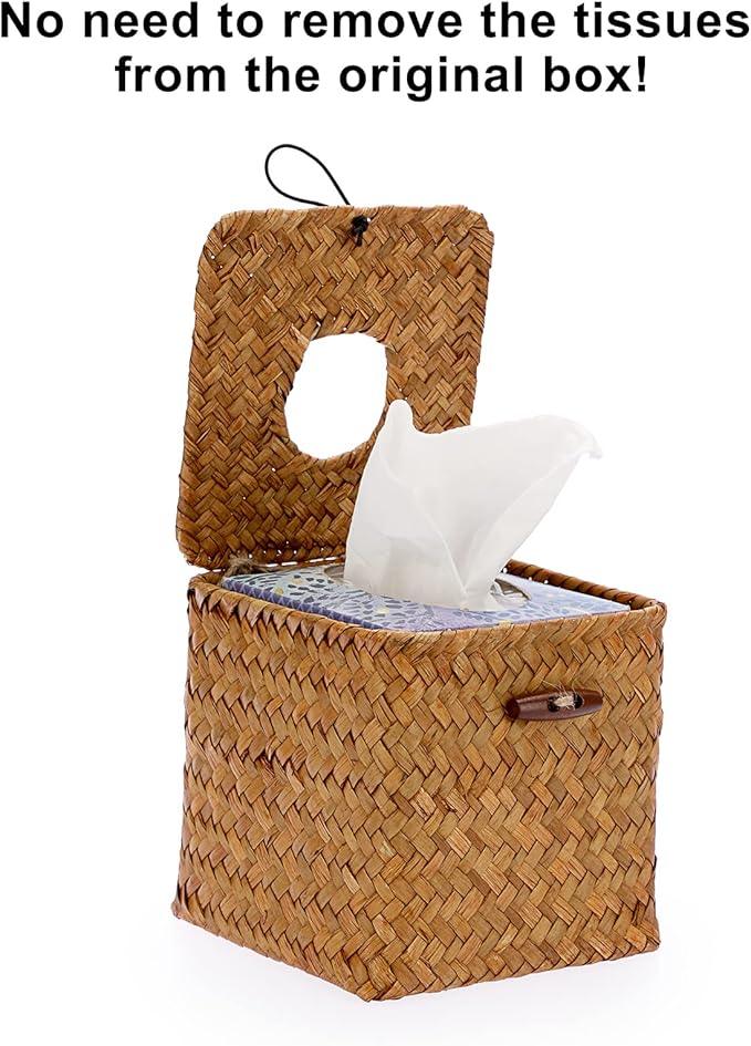 Sumnacon Tissue Box Cover Square Seagrass Tissue Box with Lid, Woven Tissue Box Holder Rustic Cube Tissue Cover for Bathroom Toilet Bedroom Living Room Kitchen Table Desk Office Car, Caramel - ModernBath