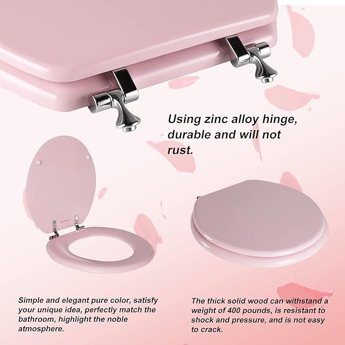 Pink Round Toilet Seat Natural Wood Toilet Seat with Zinc Alloy Hinges, Easy to Install also Easy to Clean, Scratch Resistant Toilet Seat by Angol Shiold (Round, Pink) - ModernBath
