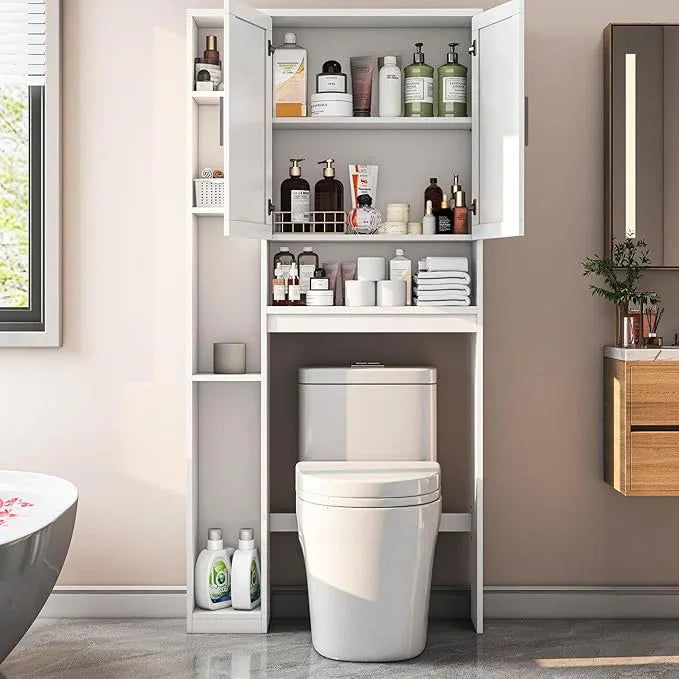 Over The Toilet Storage Cabinet with 7 Storage Shelves, Above Toilet Bathroom Organizer with Toilet Paper Holder Stand, Behind Toilet Cabinet, Space Saver for Restroom, Bathroom, Laundry, White - ModernBath