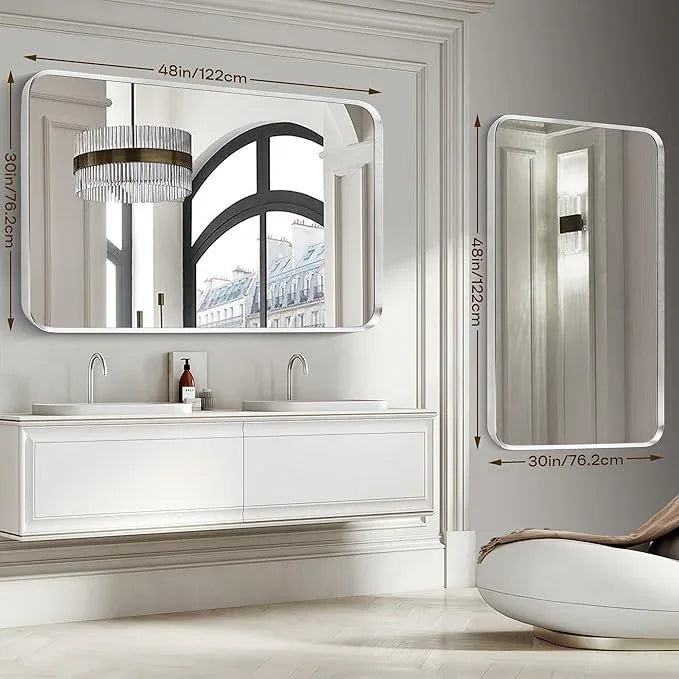 Minuover Brushed Nickel Bathroom Wall Mirror, Silver Metal Framed Large Rounded Corner Rectangle Mirror, Tempered Glass, Shatter Proof, Hangs Horizontally or Vertically (30" x 48", Silver) - ModernBath