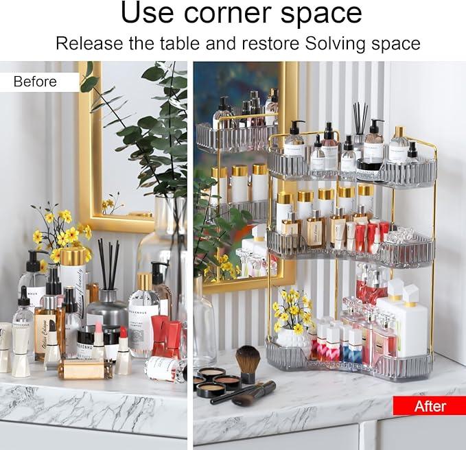 GTI 3-Tier Corner Bathroom Counter Organizer, Large Capacity Makeup Organizer Countertop, Perfume Cosmetics Skincare Vanity Organizers, Exquisite Countertop Storage for Women (Gray) - ModernBath