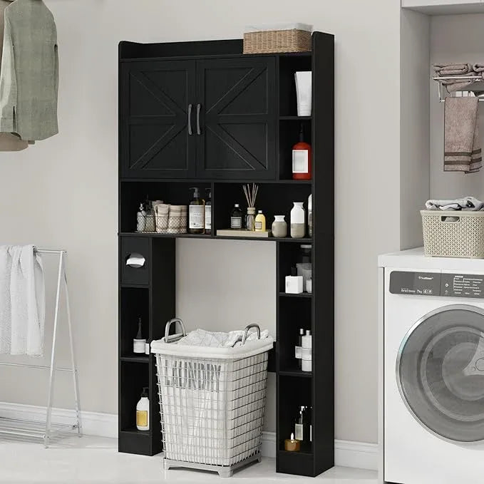 Vabches Over The Toilet Cabinet, Double Doors Bathroom Shelf Organizer with Toilet Paper Holder Stand and Open Storage Shelf, Small Freestanding Space Saver for Restroom, Bathroom, Laundry, Black - ModernBath