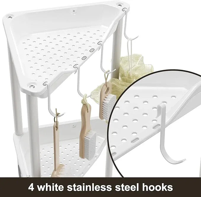 Orimade Rustproof 3 Tier Floor Standing Corner Shower Caddy Organizer, Plastic Metal Splicing Floor Corner Shelf Rack Stands for Bathroom, White - ModernBath