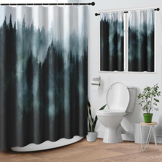 Culudea Misty Mountain Tree Green Spring Waffle Textured Cloth Shower Curtain Set, Fog Forest Nature Vintage Bathroom Window Waterproof Shower Curtains for Bathroom Decor - ModernBath