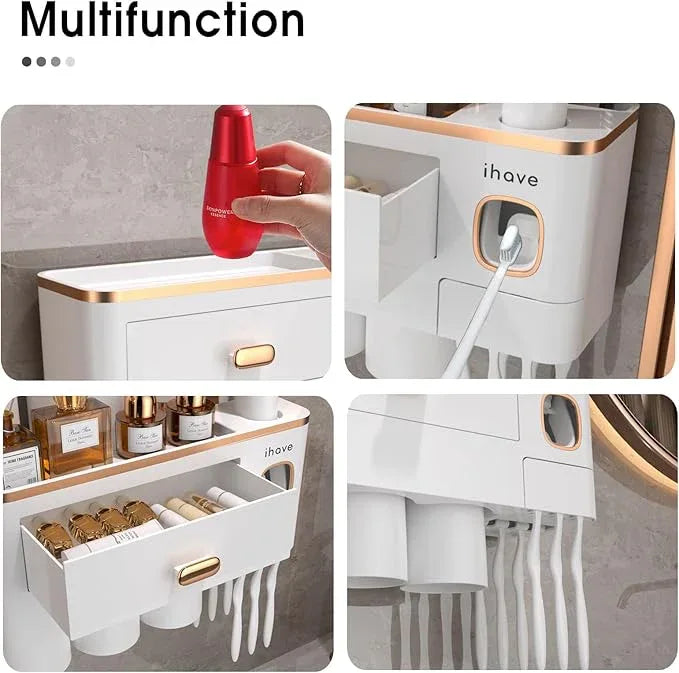 iHave Toothbrush Holders Wall Mounted with Toothpaste Dispenser & 3 Cups - Premium White and Gold Design for Bathroom Decor, All-in-One Bathroom Organizers & Storage for Toothbrushes and Accessories - ModernBath