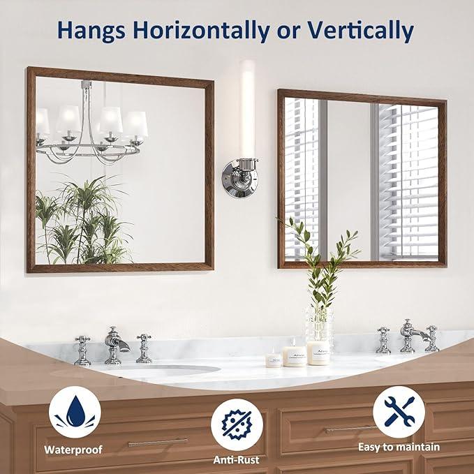 WEER Bathroom Mirror, 40x36 Inch Wall Mirror, Walnut Wood Grain Framed Mirror, Rectangle Vanity Mirror, Tempered Glass, Anti-Rust, Hangs Horizontally or Vertically - ModernBath