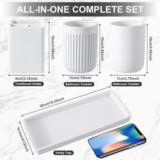 Resin Bathroom Toothbrush Cups Set with Holder and Tray, 4 Pcs Matte White Bathroom Accessories Set Counter Organizer for Sink Home Decor - ModernBath
