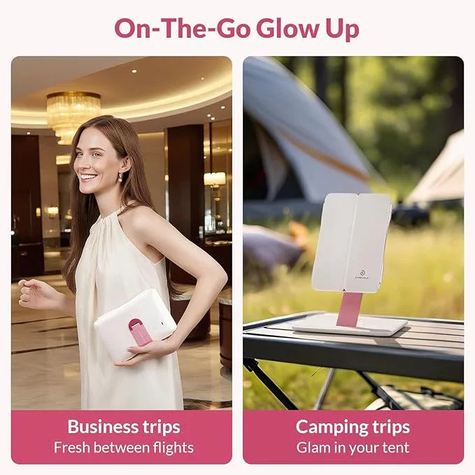 EASEHOLD Foldable Tri-Fold Lighted Makeup Vanity Mirror with 60 LED Lights, 1X/2X/3X Magnification, Touch Control Dimming, 3000mah Rechargeable, 360° Rotation, Portable Travel Folding Compact Mirror - ModernBath