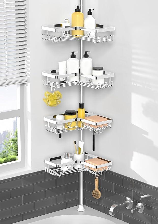 KEGII Corner Shower Caddy Tension Pole - Chrome 4-Tier Adjustable Shower Tension Rod Organizer with Hooks & Soap Holders, 25-114.2 Inch Stainless Steel Shower Storage Rack for Renters & Family - ModernBath