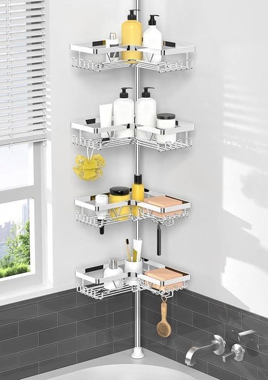 KEGII Corner Shower Caddy Tension Pole - Chrome 4-Tier Adjustable Shower Tension Rod Organizer with Hooks & Soap Holders, 25-114.2 Inch Stainless Steel Shower Storage Rack for Renters & Family - ModernBath