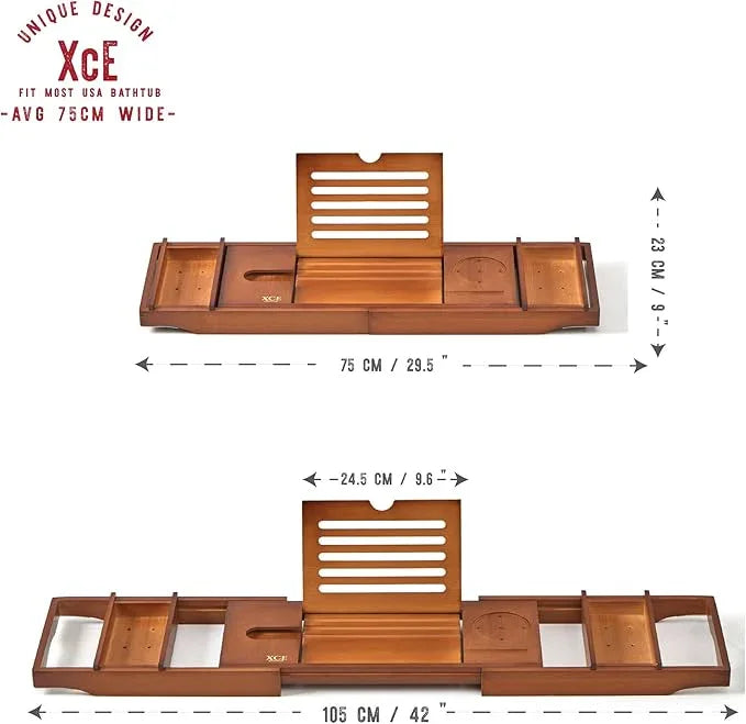 XcE Bamboo Bathtub Caddy Tray - Expandable to 41 Inches with Book Stand, Soap Holder & Anti-Slip Pads for Luxury Bath Spa, Brown - ModernBath