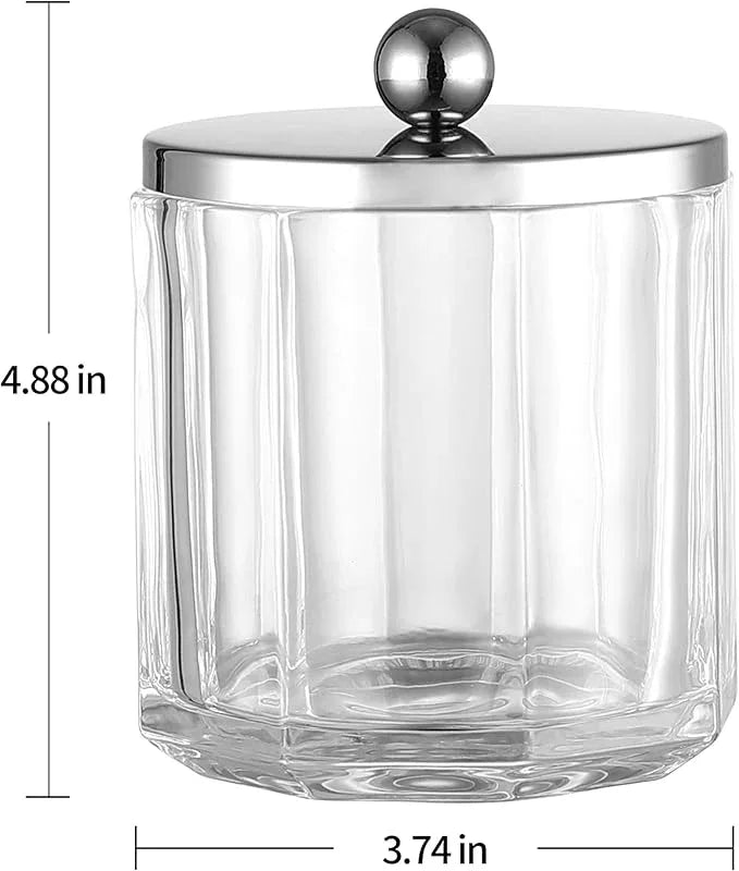 Indecor Home Clear Transparent Apothecary Octagional Shaped Glass Canister Jar With Silver/Chrome Metal Lid Cover for Bathroom Organization, Cotton Balls, Q Tips, and Small Accessories, Bath Storage - ModernBath