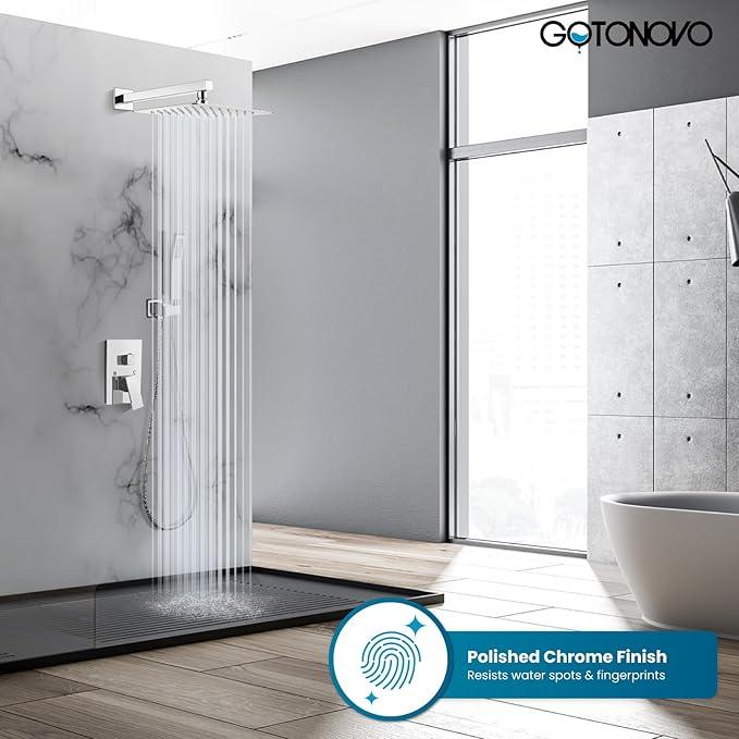 gotonovo Rainfall Bathroom Shower System Rain Shower Head and Handle Set Wall Mounted Shower Complete Combo Solid Brass Pressure Balancing Shower Mixer Valve 12 Inch Polished Chrome - ModernBath