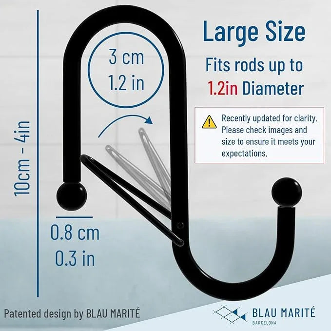 Blau Marité 6 S-Shaped Hooks with Anti-Fall System. Anti Drop S-Shaped Hook with Safety Buckle to Prevent Falls. Heavy Duty. (Black, 4in Long (Diameter Rod<1.2in)) - ModernBath