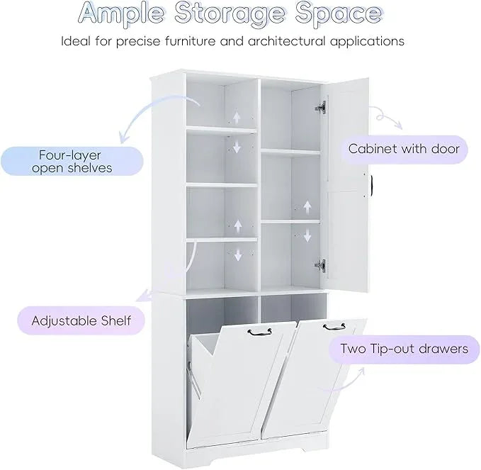 Bathroom Storage Cabinet with Doors and Drawers, Tilt-Out Laundry Hamper, Multiple Storage Space, Freestanding Style, Open Shelve, Adjustable Shelf (White) - ModernBath