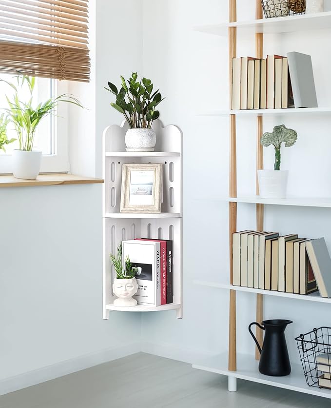 Meangood Bathroom Corner Shelf Stand, 3 Tier Solid Wood Display Shelf for Narrow Space, Shower Corner Shelf, Plant Stand Nightstand, for Living Room, Bedroom, Home Office, Elegant White