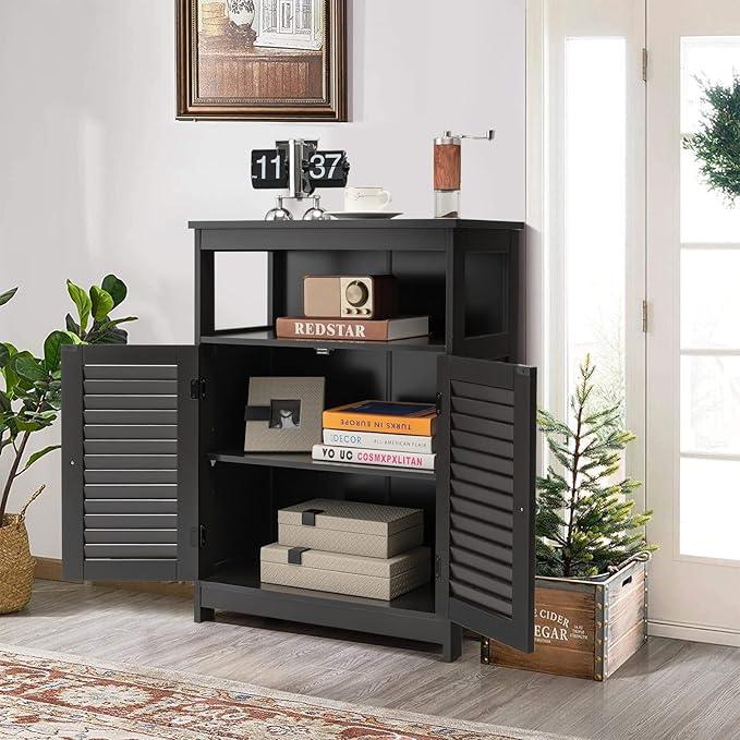 Tangkula Bathroom Floor Cabinet, Wooden Freestanding Storage Cabinet with Double Shutter Door & Adjustable Shelf, Storage Cabinet for Bathroom Living Room (Black) - ModernBath