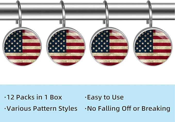 Rustic American Flag Shower Curtain Hooks Set of 12 Rustproof Metal Shower Hooks for Curtains Rods Shower Curtain Rings for Bathroom Living Room Bedroom Decor - ModernBath