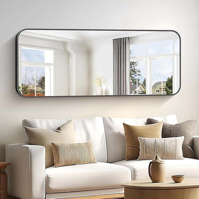 CIVENO Bathroom Mirror, 60 x 24 inch Metal Framed Black Rectangle Mirror, Rounded Corner Rectangular Vanity Mirror, Large Wall Mounted Mirror for Modern Bedroom Living Room Horizontal or Vertical - ModernBath
