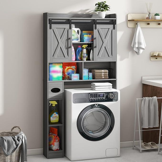 Farmhouse Over The Toilet Storage Cabinet with Sliding Door & Toilet Paper Holder Stand, Space-Saving for Bathroom & Restroom, Wash Grey - ModernBath