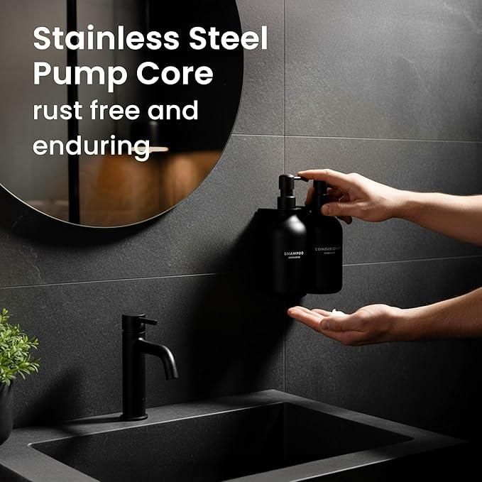 MaisoNovo Shampoo and Conditioner Dispenser - Shower Soap Dispenser Wall Mounted - 16.9 fl oz Set of 2 Black Plastic Bottles Black Pumps - 2 Chamber No Drill - ModernBath