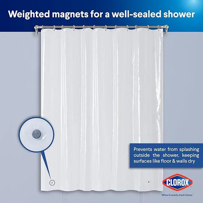 Clorox Shower Curtain Liner & Hooks, Premium Lightweight Flexible Waterproof 4g PEVA for Bathroom with Weighted Magnets, Standard Size 70" x 72", Clear 1 Pack - ModernBath