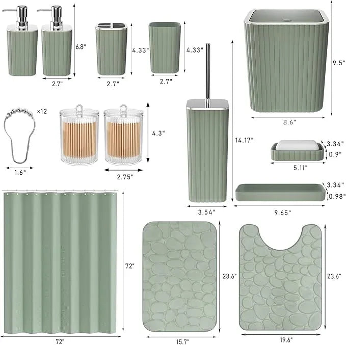 XLHOMO Bathroom Accessories Set - 25PC Sage Bathroom Set, Bathroom Set with Shower Curtain and Rugs, Sage Green Shower Curtain Set, Bathroom Accessory Set, Trash Can & Soap Dispenser - ModernBath