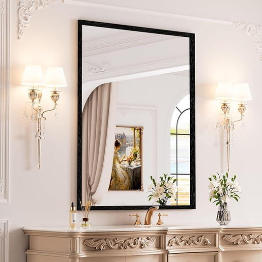 WEER Black Framed Mirror, 28X36 Inch Matte Black Wall Mirror for Bathroom, Rectangular Black Bathroom Vanity Mirror, Tempered Glass, Anti-Rust, Hangs Horizontal or Vertical - ModernBath