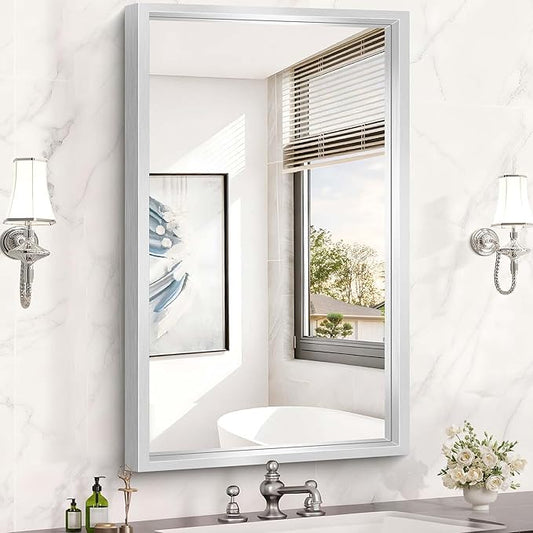 CIVENO 40x24 Silver Bathroom Mirror, Brushed Silver Rectangular Mirror for Wall, 0.6" Thickened Deep Frame Mirrors for Bathroom Sink, Shatterproof Tempered Glass, Antirust, Horizontally or Vertically