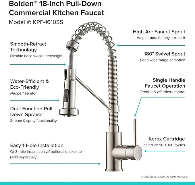 KRAUS Bolden Commercial Style 2-Function Single Handle Pull Down Kitchen Faucet in Stainless Steel, KPF-1610SS - ModernBath