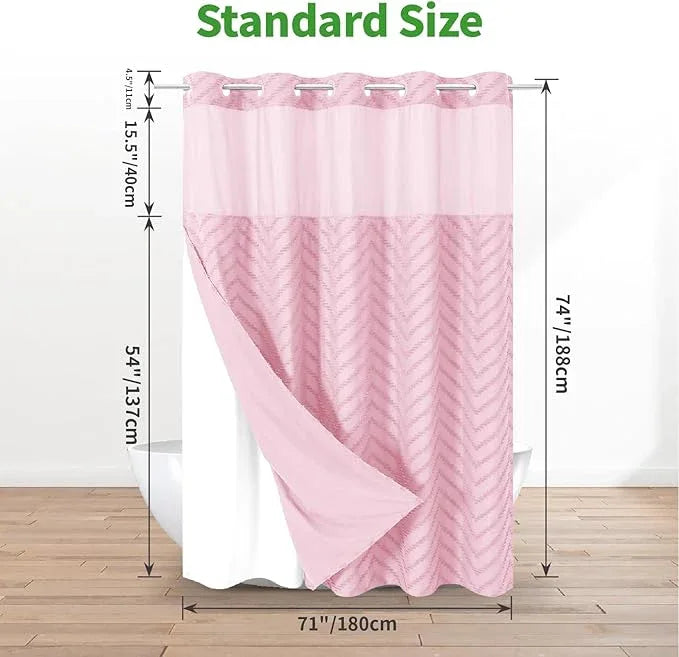 eachope No Hook Boho Farmhouse Shower Curtain with Snap-in Fabric Liner set-71Wx74H(72H),Pink Tufted Chevron Striped Hotel Grade Cloth Shower Curtains for Bathroom with Window,Water Repellent - ModernBath