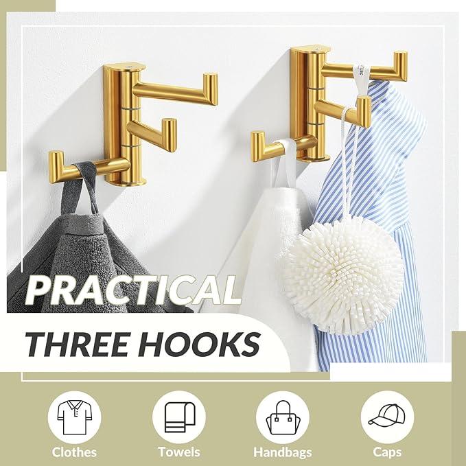 APLusee Brushed Gold Swivel Towel Hook 2 Pack, 304 Stainless Steel Triple Clothes Hook, Wall Mount - ModernBath
