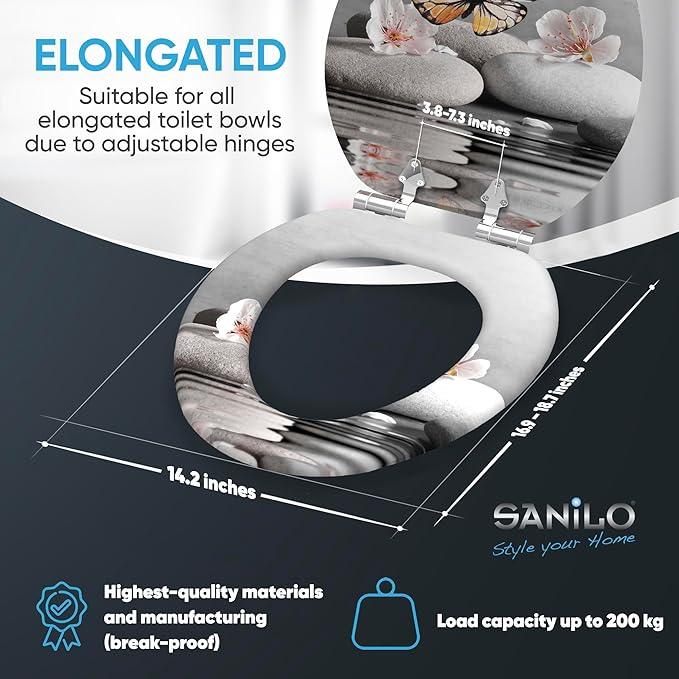 SANILO Wooden Toilet Seat with Soft Close [ELONGATED] - Decorative, Quiet & Slow Close Molded Wood Seat - With Strong Bumpers & Hinges - Adjustable Fit - Vanesa - ModernBath