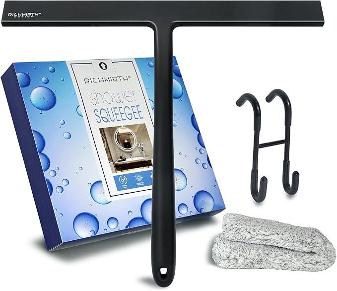 12 Inch Silicone Shower Squeegee for Glass Doors with Hook – Streak-Free Window Cleaner for Bathroom, Mirror, Tile & Car, No Scratch Squeegee with Metal Core (Black) - ModernBath