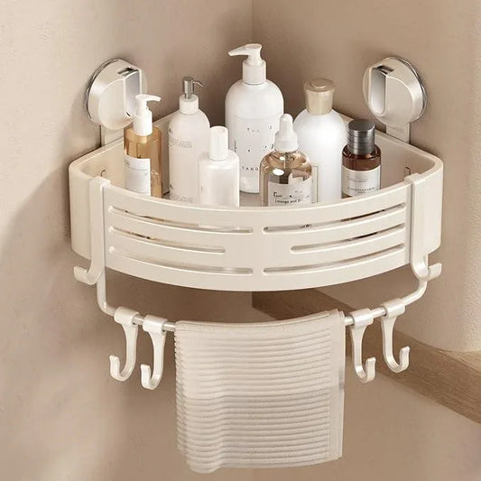 VOLPONE Corner Shower Caddy Suction Cup Shower Shelf Corner No Drilling Bathroom Shower Organizer Storage Rack Adhesive with Towel Bar Hooks(1-Pack, Ivory) - ModernBath