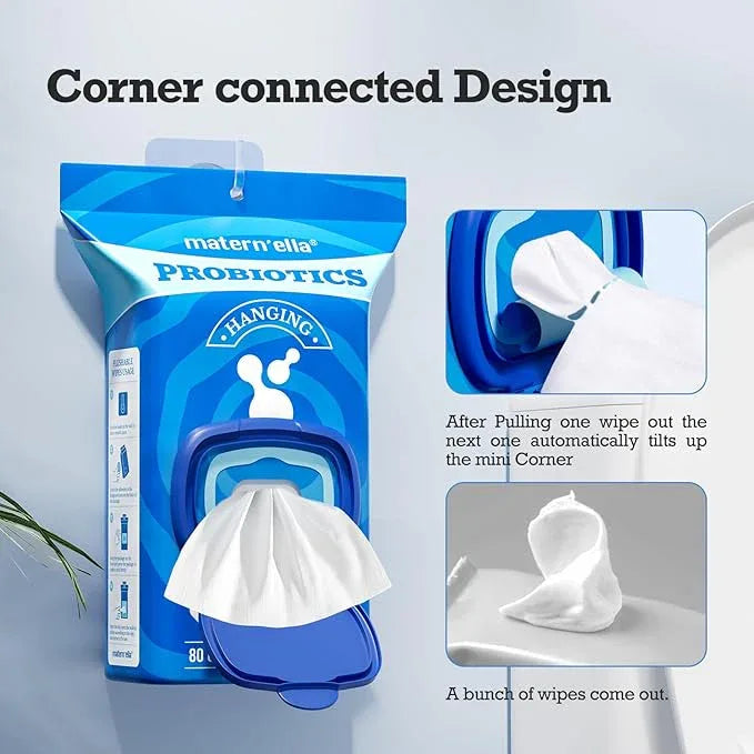 matern'ella Hanging Flushable Wipes Unscented Extra Large Corner-Connected Wet Wipes Adult Plant Based Fibers with Probiotics Alcohol Free Sewer Safe Butt Wipe Travel 3 Packs of 80 Wipes - ModernBath