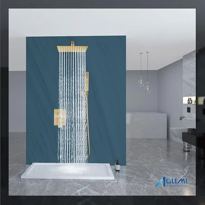 Aolemi Shower Faucet Set Rain Shower System with Handheld Spray Bathroom Shower Combo Rough-in Valve and Shower Trim Kit Included Brushed Gold 12 Inch Wall Mount Shower Head - ModernBath