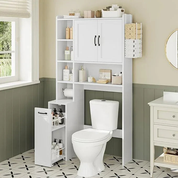 Over The Toilet Storage Cabinet with Pulley, Bathroom Cabinet, Space Saver W/Adjustable Shelf Rack for Bathroom, Restroom, Laundry (White-Type B) - ModernBath