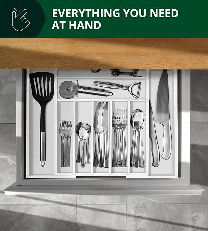 ROYAL CRAFT WOOD Luxury Bamboo Kitchen Drawer Organizer - Silverware Organizer - Utensil Holder and Cutlery Tray with Grooved Drawer Dividers for Flatware and Kitchen Utensils (9 Slot, White) - ModernBath